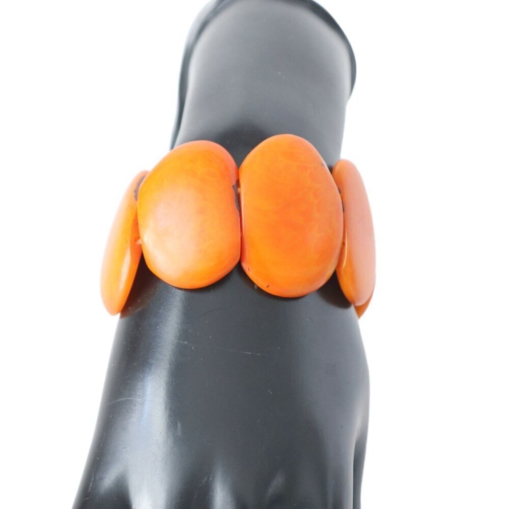 Tagua Nut Wide Cuff Bracelet Red Orange Oval Bean Shape Handmade Ecuador